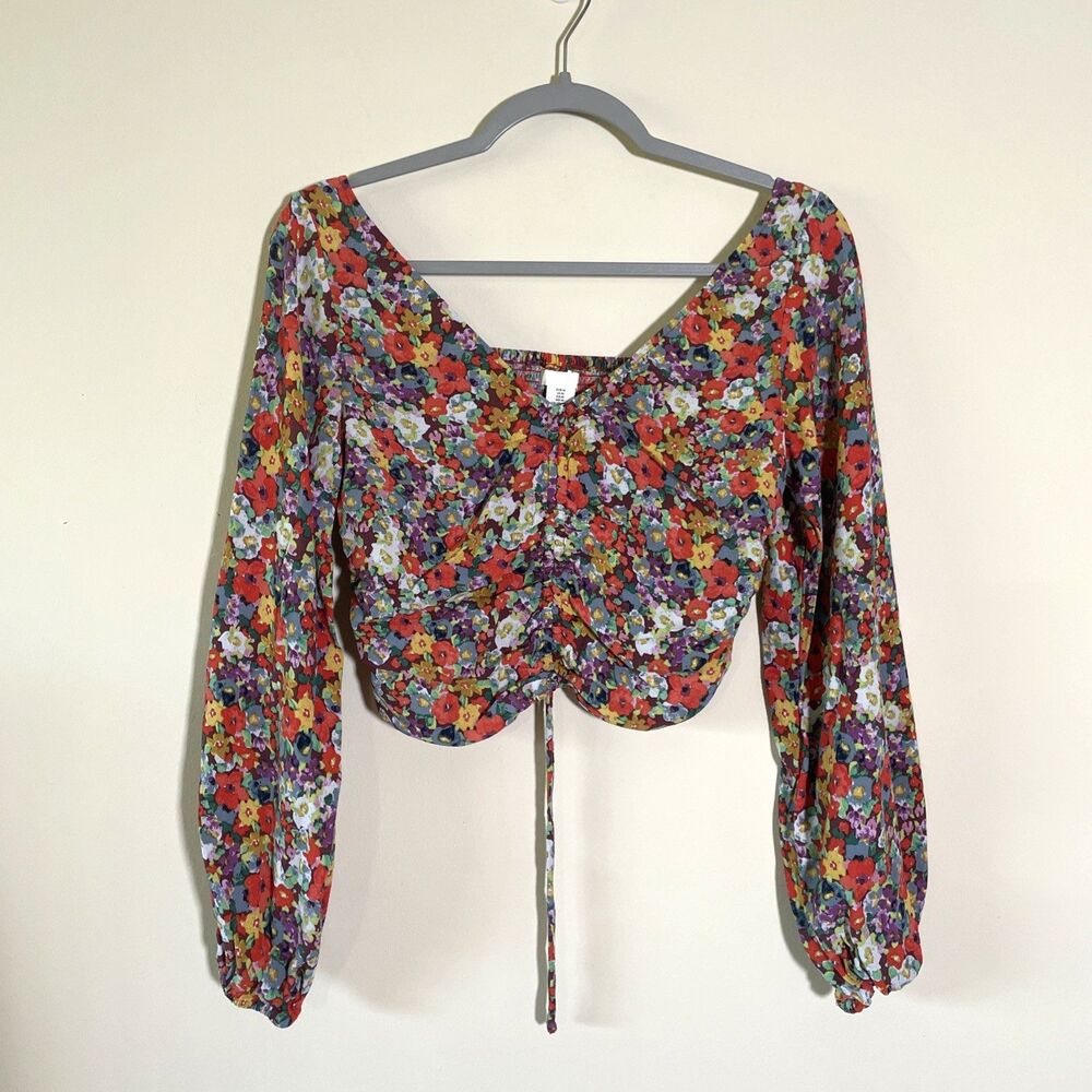 H&M Women's Floral Creped Drawstring Cropped Top Medium Multicolor Cottagecore